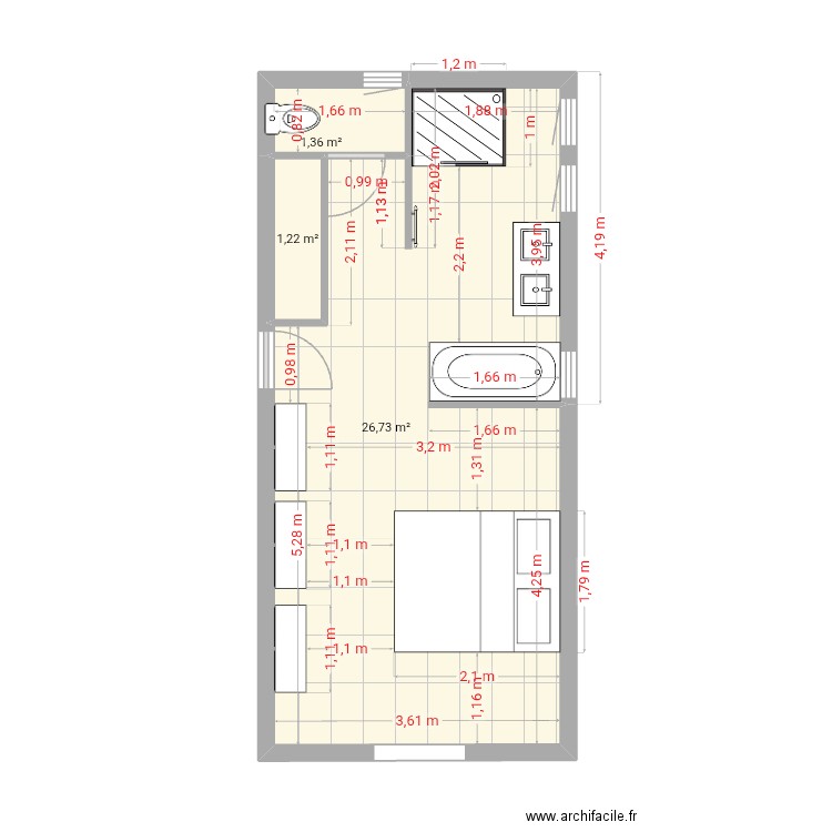 lea. Plan de 3 pièces et 29 m2