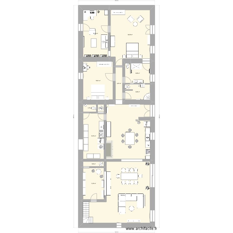 projection 2 TFE. Plan de 13 pièces et 222 m2