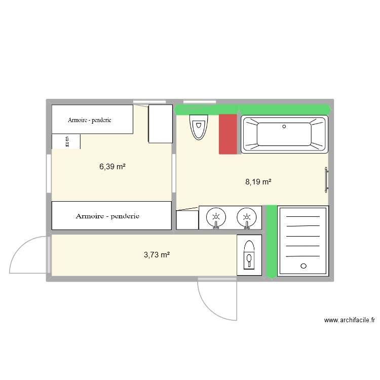 SDB + dressing bas. Plan de 3 pièces et 18 m2