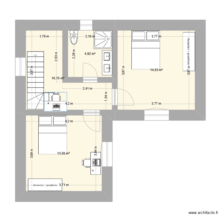 rdc 2. Plan de 4 pièces et 43 m2