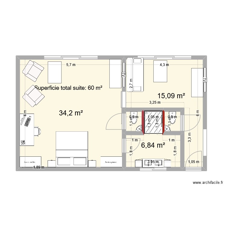 2026 A Suite 60 m². Plan de 5 pièces et 58 m2