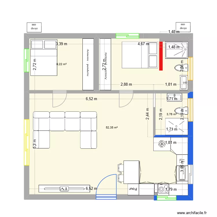plan caz-pi2. Plan de 3  et 65 m²