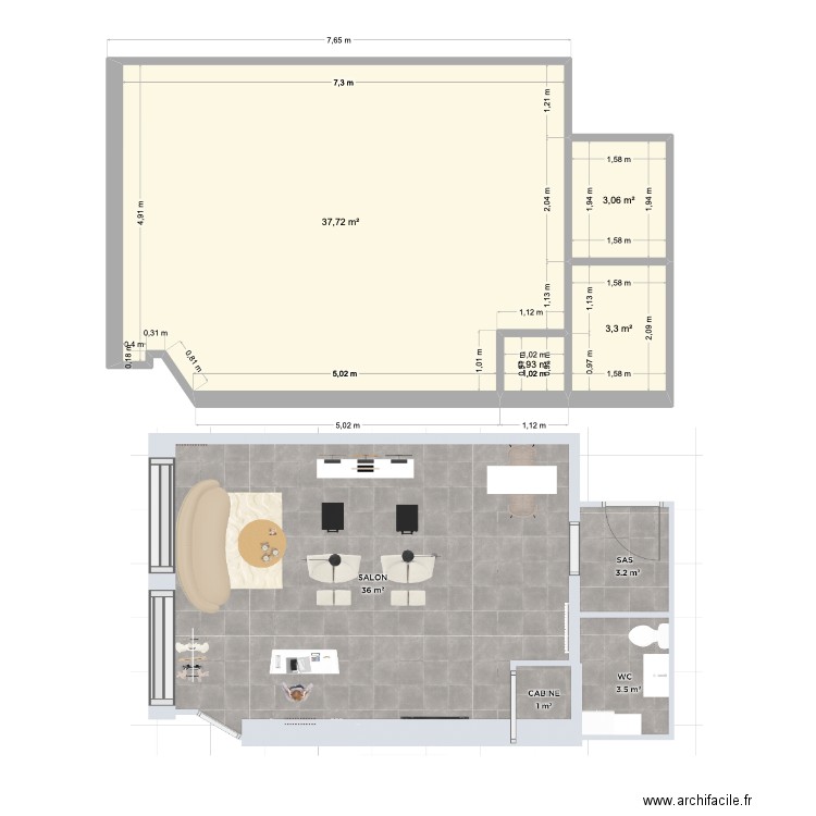 salon. Plan de 4 pièces et 45 m2