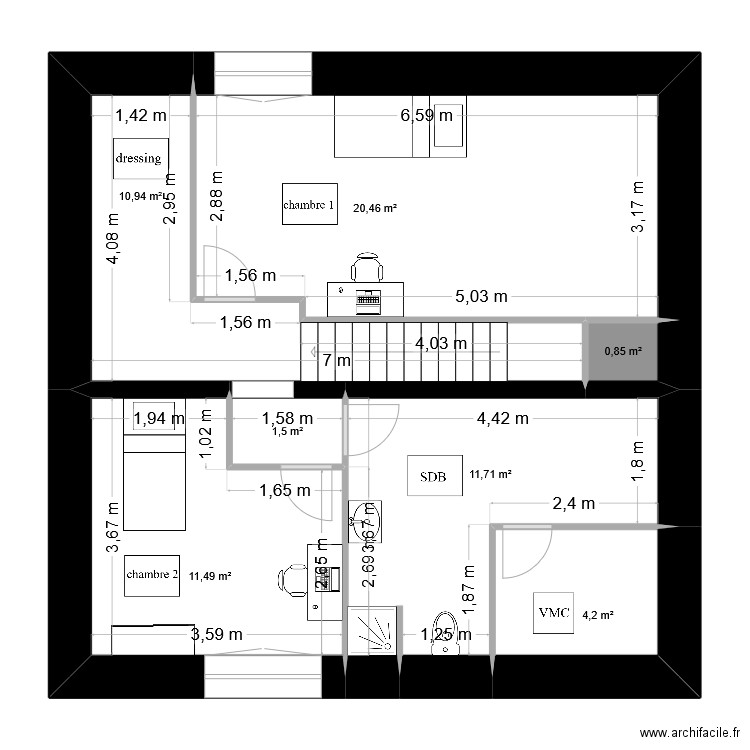 r2new. Plan de 7 pièces et 61 m2