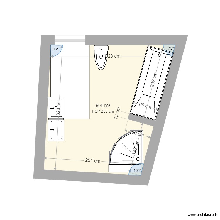 SDB NOVELE AVANT. Plan de 1 pièce et 9 m2