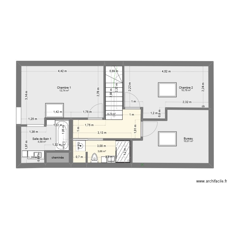 Etage plancher SDB. Plan de 7 pièces et 49 m2