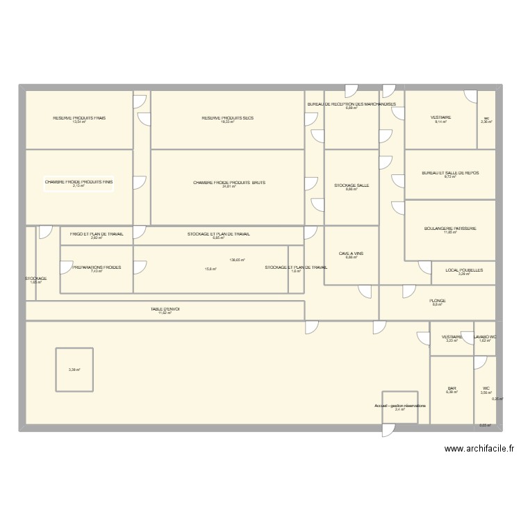 PLAN CUISINE EI MONOCHROME version 2. Plan de 29 pièces et 497 m2