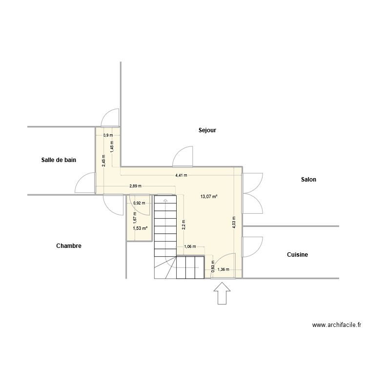sol rdch. Plan de 2 pièces et 15 m2