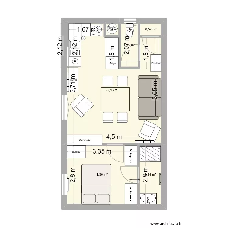 Appart Soucieu. Plan de 6 Pièces et 37 m²