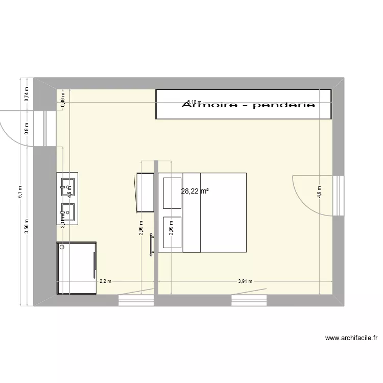chambre 1 sans escalier. Plan de 1  et 28 m²