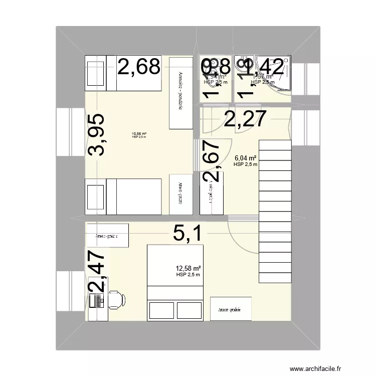 Long&egrave;re droit escalier nord cuisine est. Plan de 6  et 65 m²