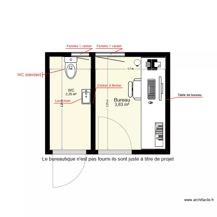 BUREAU/WC BERSON. Plan de 2  et 6 m²