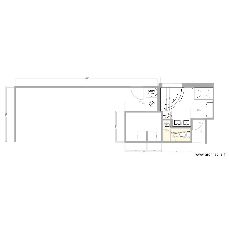sdb. Plan de 1 pièce et 2 m2