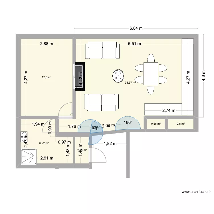 Appart Vauban v1. Plan de 6  et 53 m²