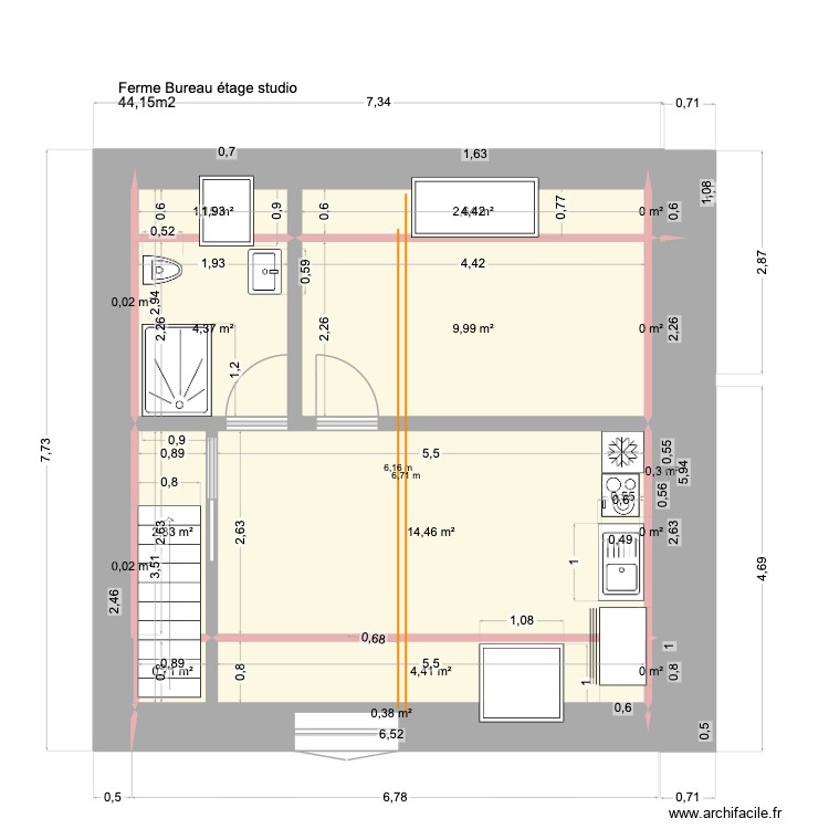 ferme bureau étage Studio 44,15 m2. Plan de 0 pièce et 0 m2