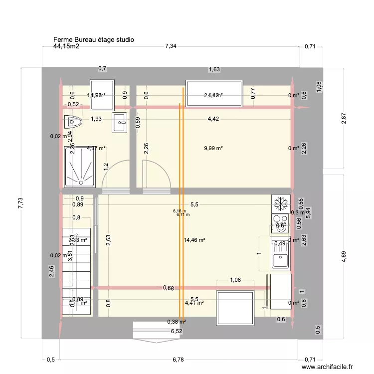 ferme bureau &eacute;tage Studio 44,15 m2. Plan de 16 pièces et 41 m²