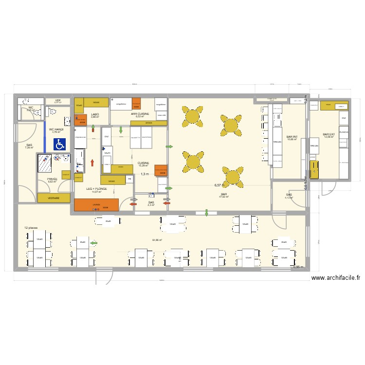 PROJET RESTAURANT BAR. Plan de 16 pièces et 205 m2
