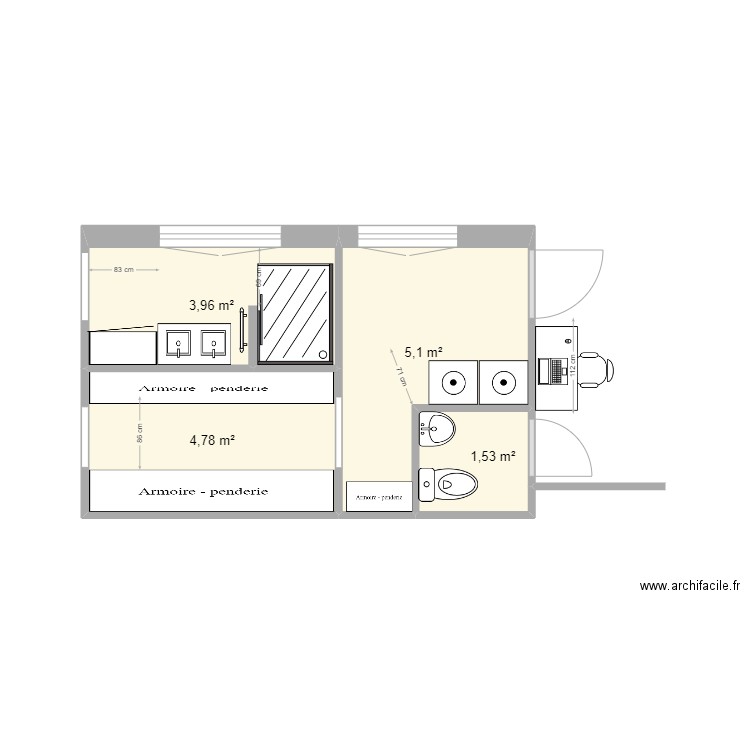 douche pendrie. Plan de 4 pièces et 15 m2