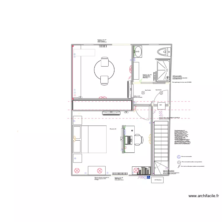 Sol 1 : Chambre + cuisine + SDB. Plan de 4  et 41 m²