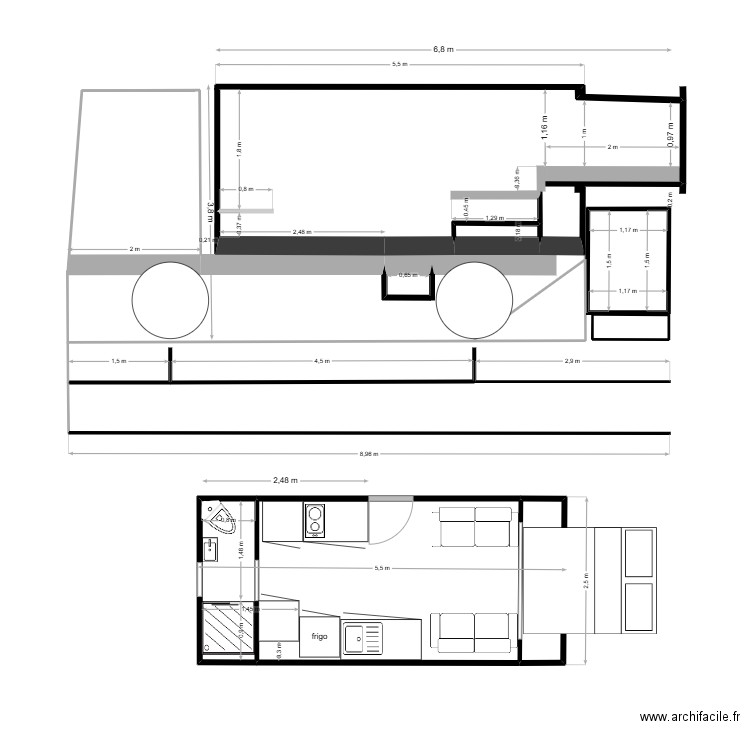 cellule 5500 ouvert. Plan de 7 pièces et 20 m2
