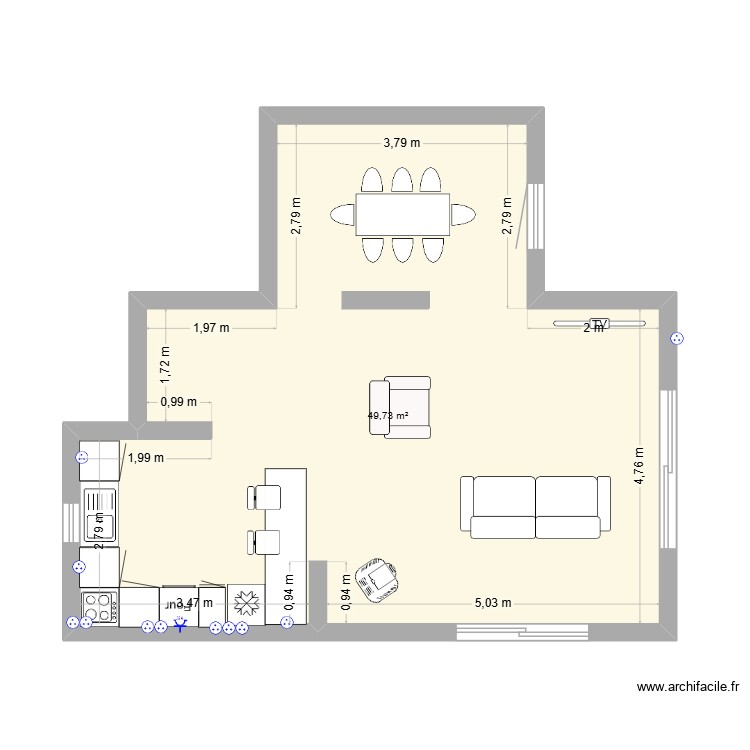cuisine. Plan de 1 pièce et 50 m2