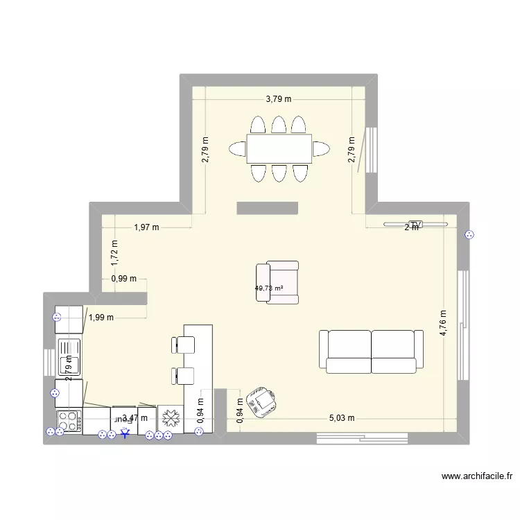 cuisine. Plan de 1 pièce et 50 m²