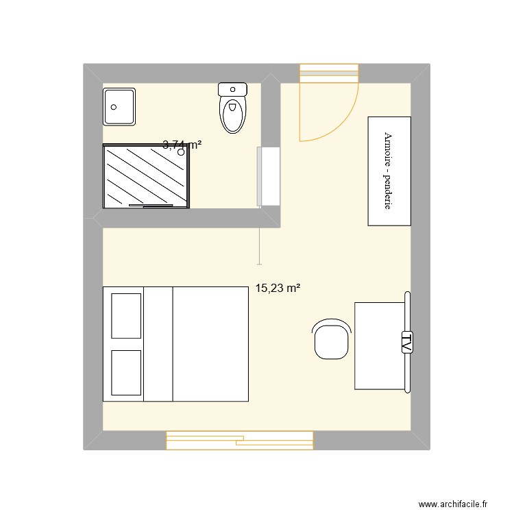 Chambre double. Plan de 2 pièces et 19 m2