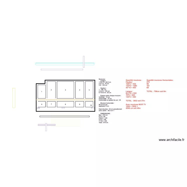 MOULURES N&deg;15 - Mod&egrave;le mur canap&eacute; - Esp. H10cm V12,5cm. Plan de 