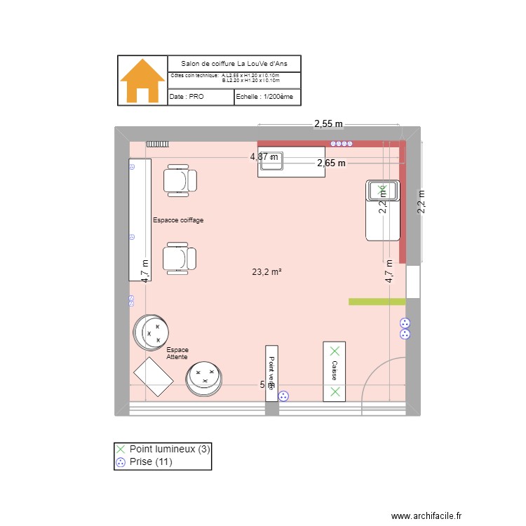 Salon de coiffure: côtes coin labo. Plan de 1 pièce et 23 m2