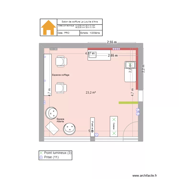 Salon de coiffure: c&ocirc;tes coin labo. Plan de 1 pièce et 23 m²