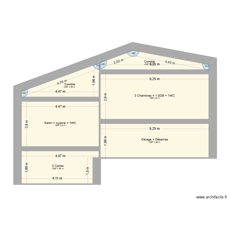 plan en coupe. Plan de 6 pièces et 58 m2