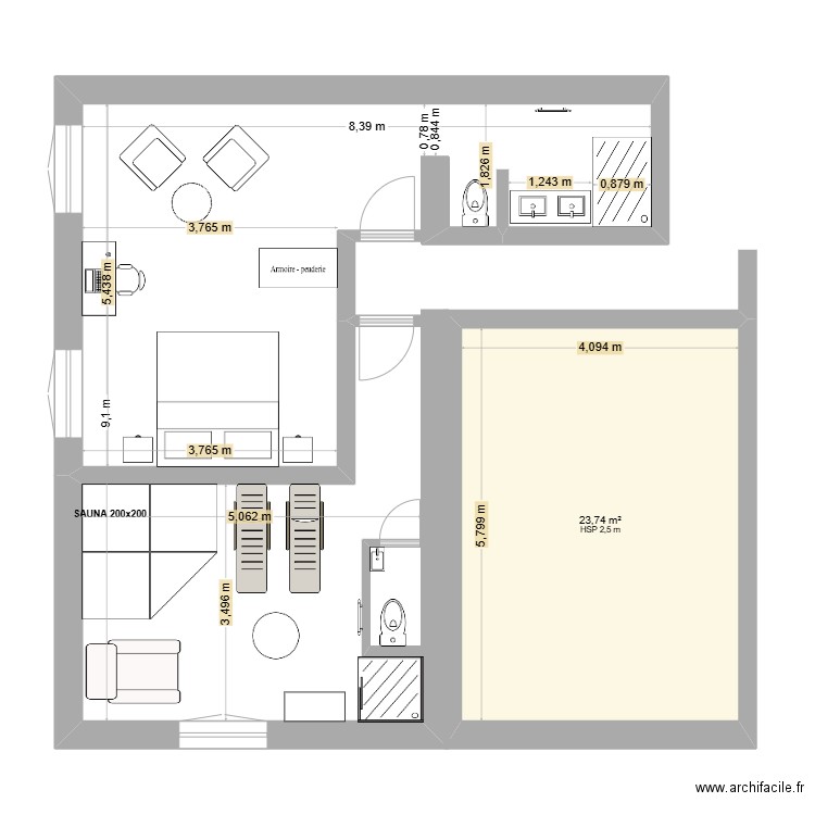 R+1_sauna. Plan de 1 pièce et 24 m2