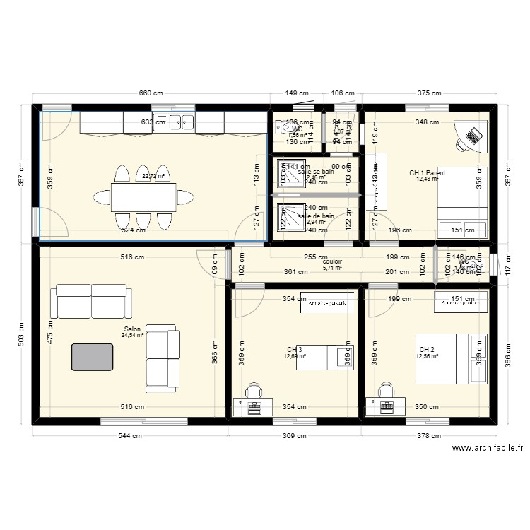 PLAN MAISON TYPE F4. Plan de 11 pièces et 100 m2