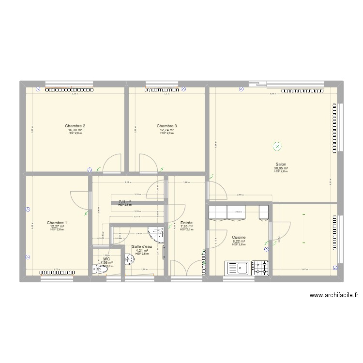 Rez de chaussée. Plan de 9 pièces et 108 m2