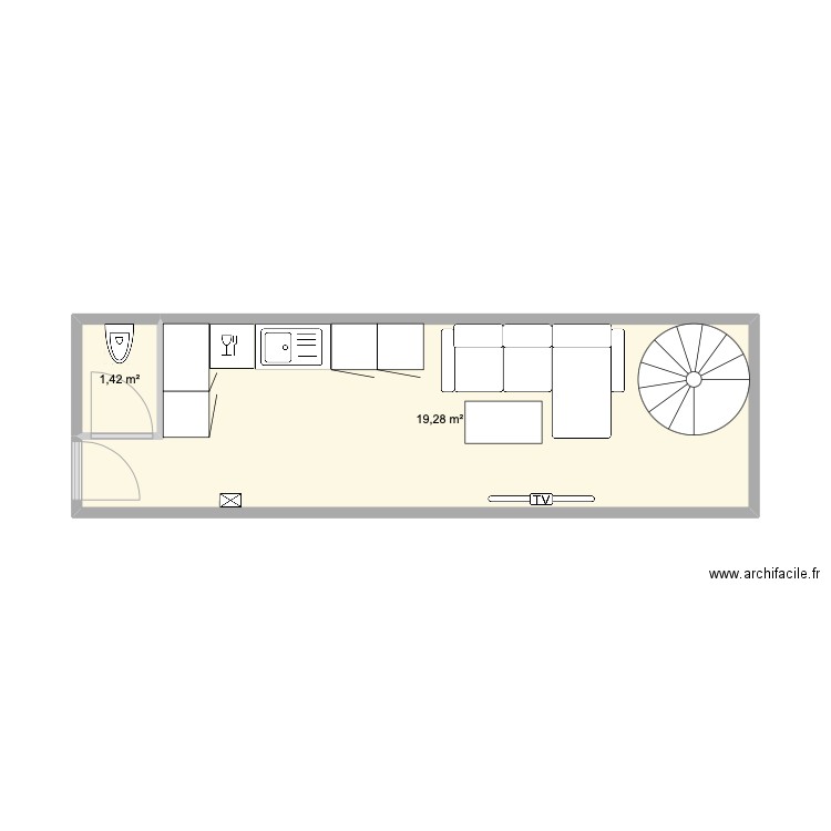 RDC. Plan de 2 pièces et 21 m2