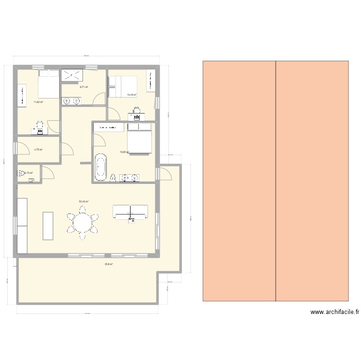 Plan maison en long sur base Tiro. Plan de 8 pièces et 140 m2