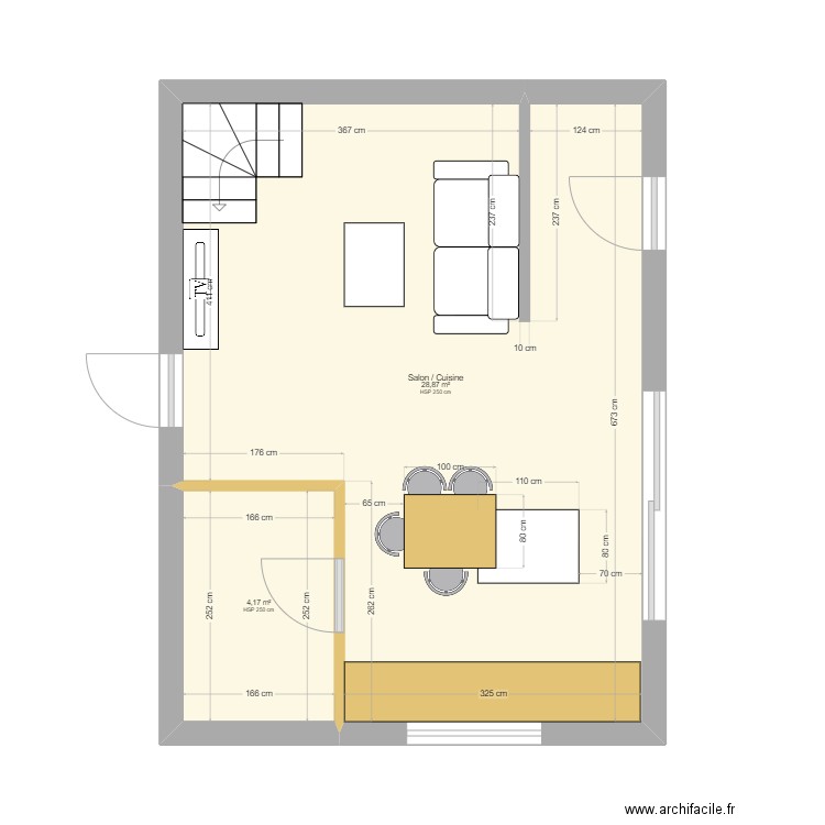 Cuisine marion Lacourtablaise. Plan de 2 pièces et 33 m2