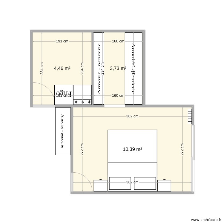Chambre Audrey et Jérémy. Plan de 3 pièces et 19 m2