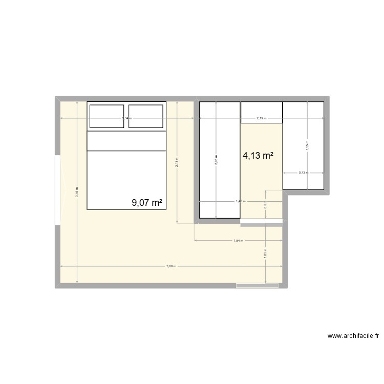 Chambre. Plan de 2 pièces et 13 m2