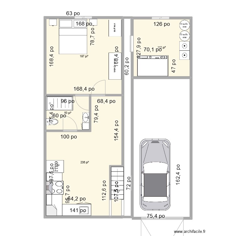 sous sol Mde Yolette. Plan de 5 pièces et 57 m2