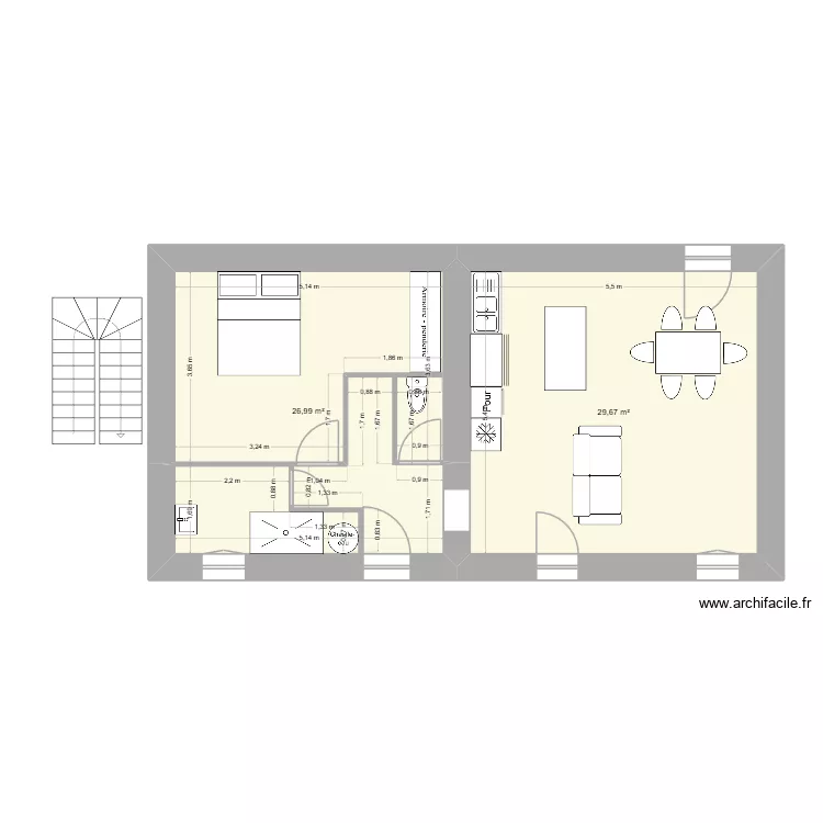 la poter. Plan de 2 pièces et 57 m²