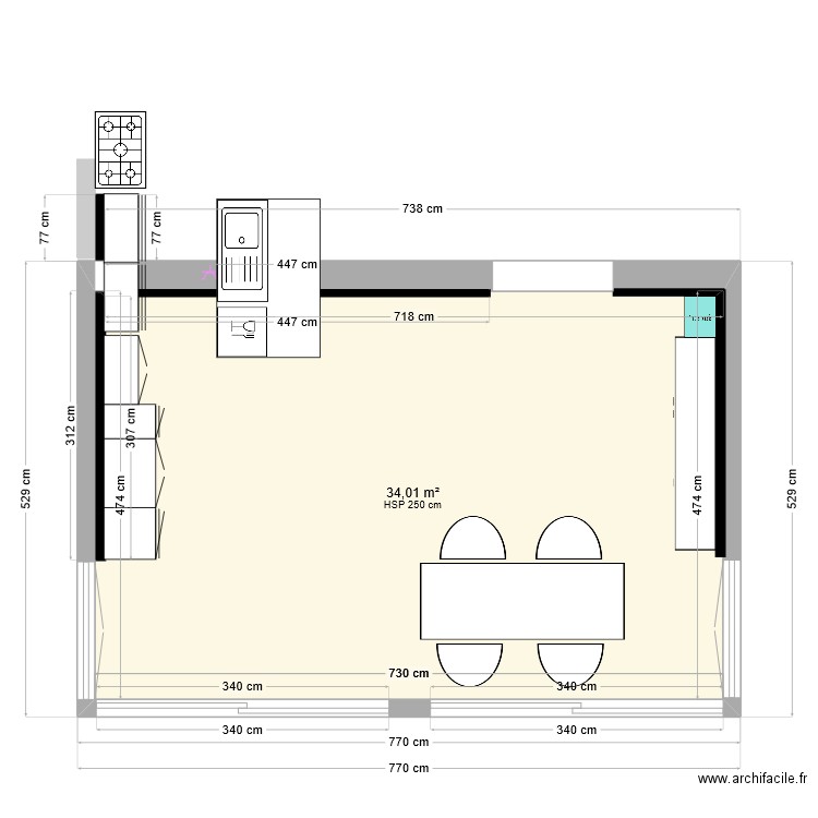 Plan 7,3m sans électricité avec ouverture. Plan de 1 pièce et 34 m2