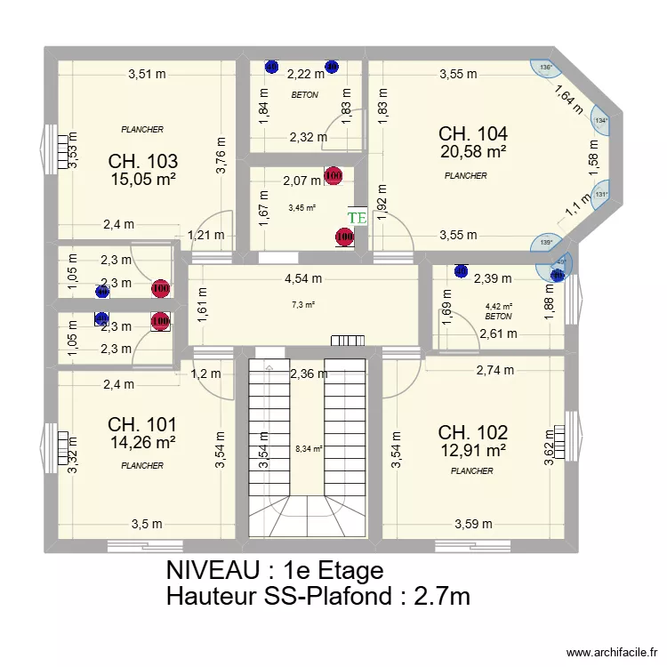IMM CLUSES : 1&deg; ETAGE + CH. 101-102-103-104. Plan de 8  et 86 m²