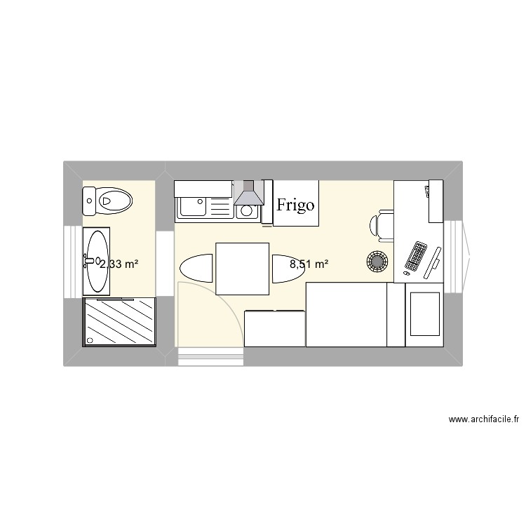 Studio rock. Plan de 2 pièces et 11 m2