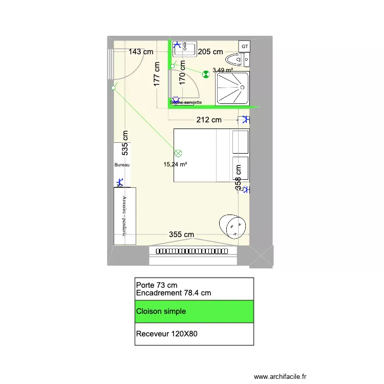 Chambre 10 (1er &eacute;tage). Plan de 2  et 19 m²