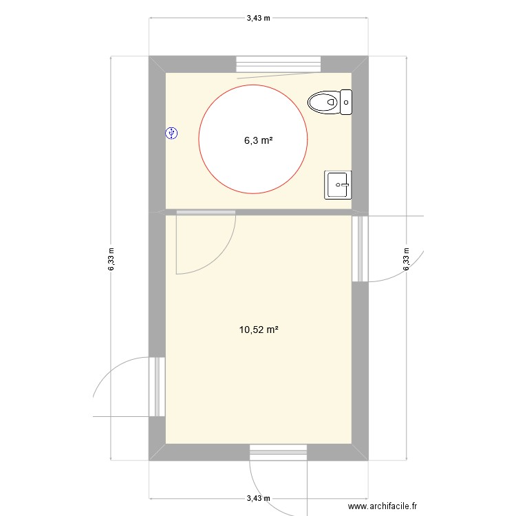WC Providence. Plan de 2 pièces et 17 m2