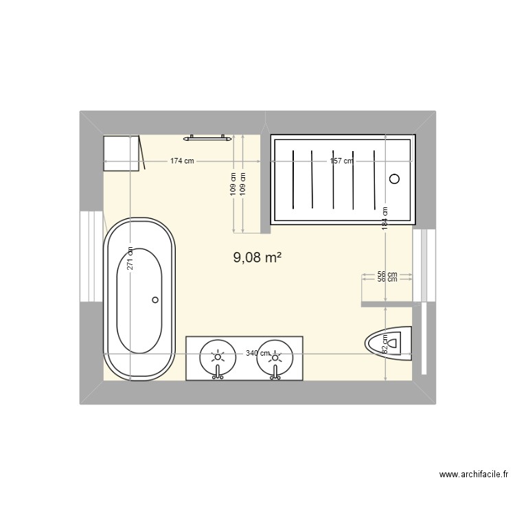 salle de bain. Plan de 1 pièce et 9 m2