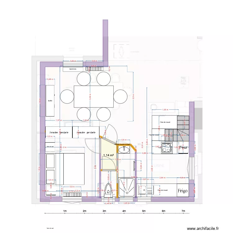 plan meubl&eacute; version site parentale avec porte inclin&eacute;e en agrandissant la chambre aux dimensions actuelles. Plan de 1  et 1 m²