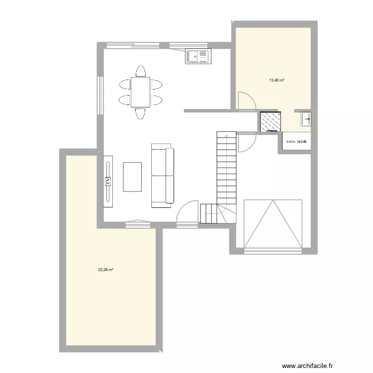 RDC + Agrandissement. Plan de 2  et 91 m²