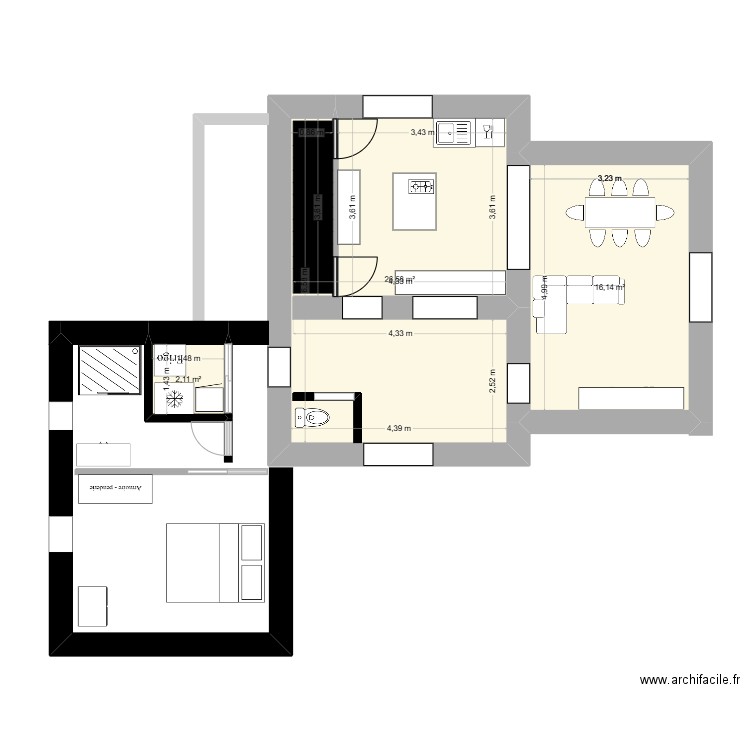 ROISEY 2. Plan de 3 pièces et 45 m2